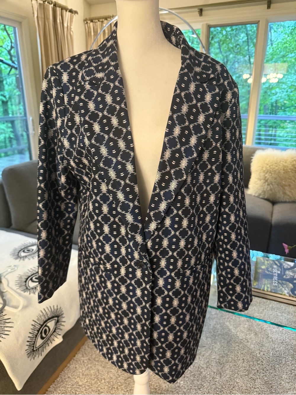 Womens Navy Patterned Open-Front Blazer Jacket